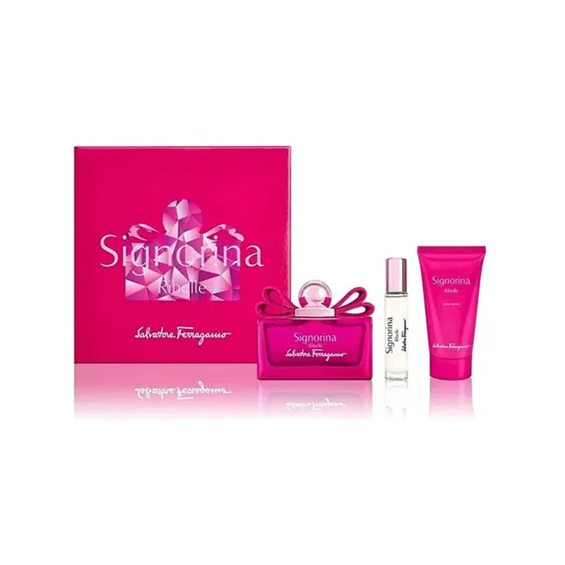 ESTUCHE SALVATORE FERRAGAMO SIGNORINA RIBELLE X3 PIEZAS 100ML EDP ORIGINAL